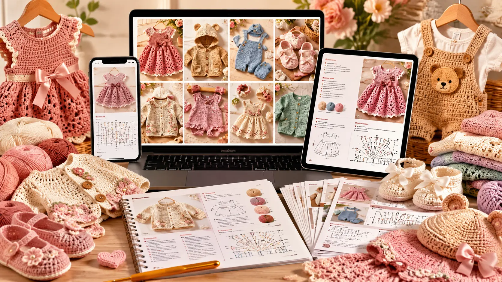 Laptop, tablet and phone showing baby crochet patterns