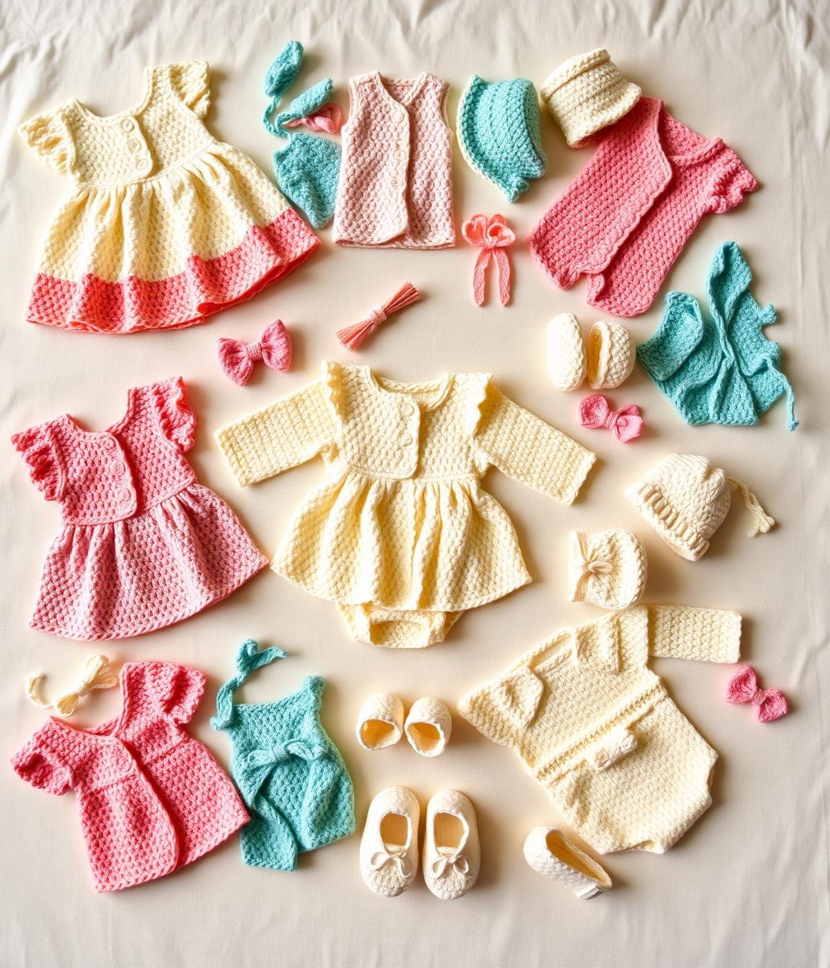 Mosaic of handmade crochet baby clothes